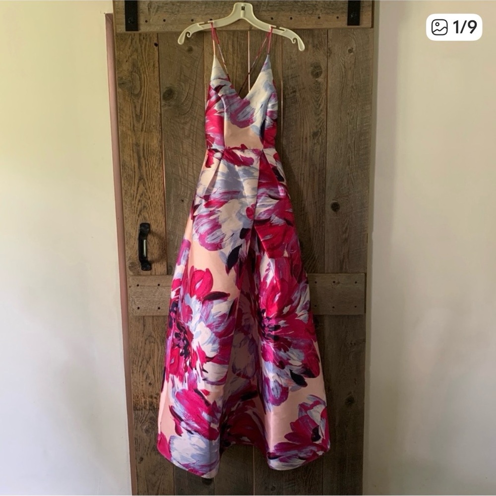 Women’s 0 BY & BY Pink Purple Floral Spaghetti Strap V-Neck Ballgown Event Dress